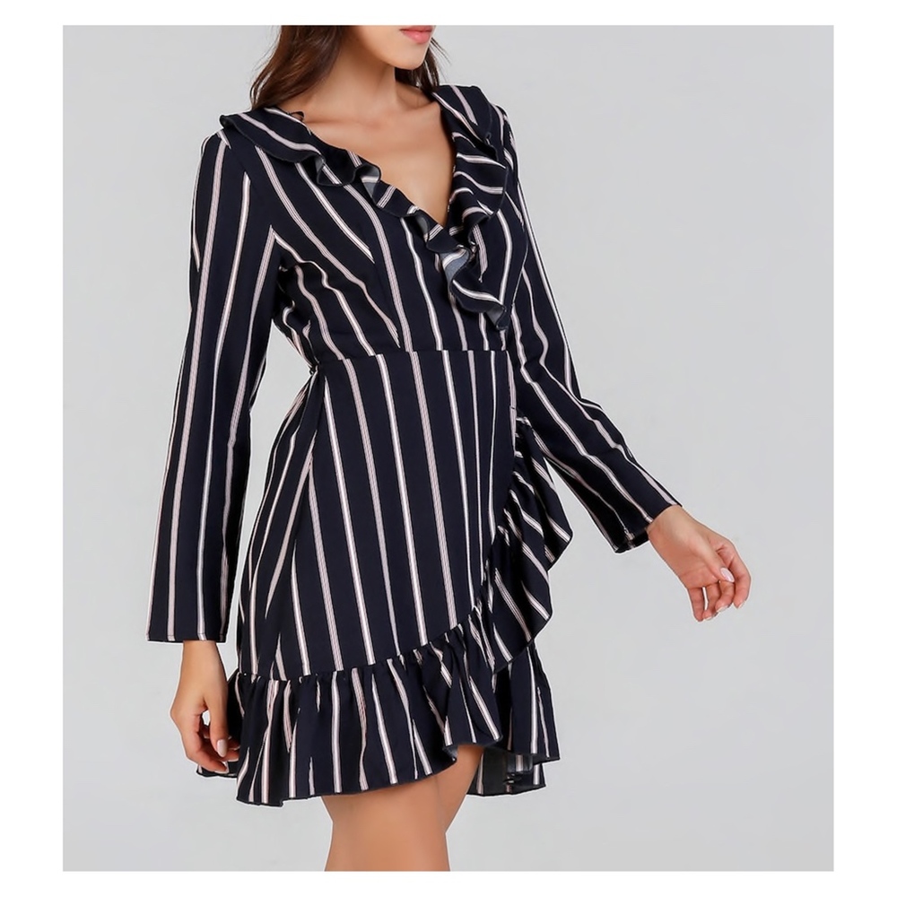 Blue Striped Fit and Flare Ruffle Wrap Dress - Picture 4 of 6